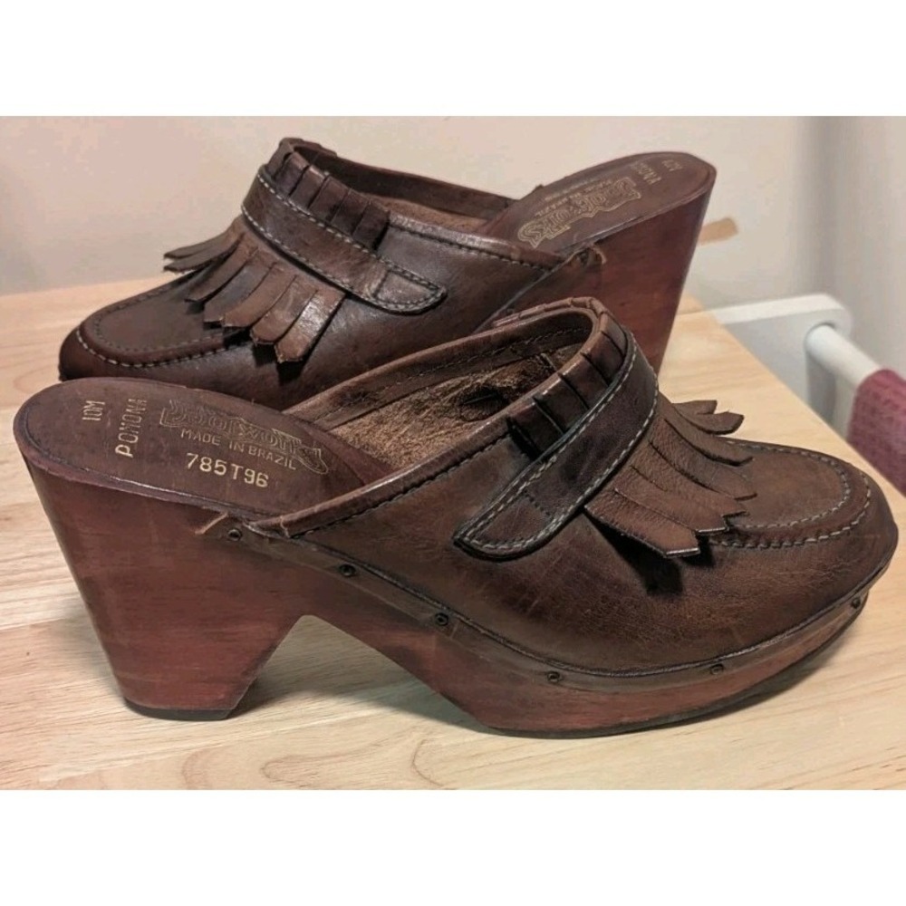 Footworks Pomono Women's 10M Wood Leather Clogs Brazil Studded Tassles Platform